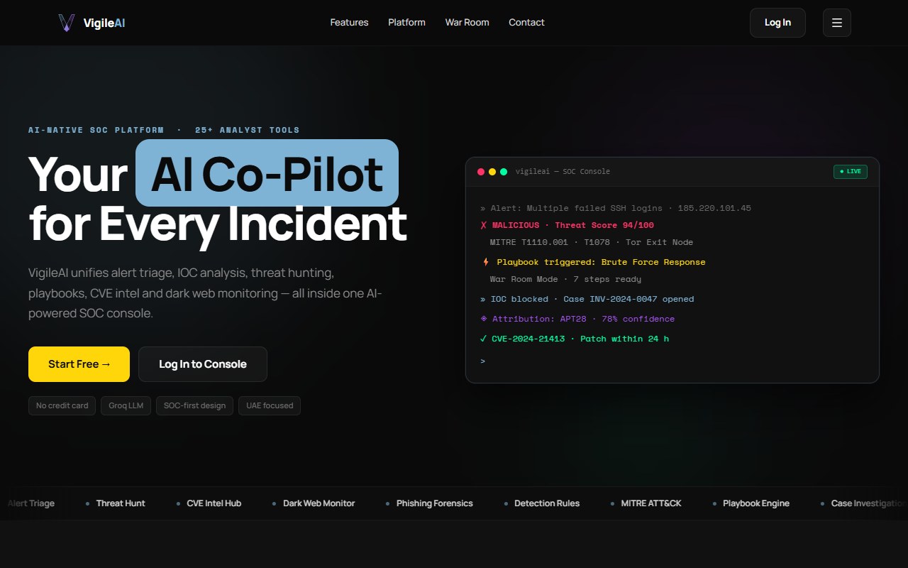 VigileAI SOC console screenshot
